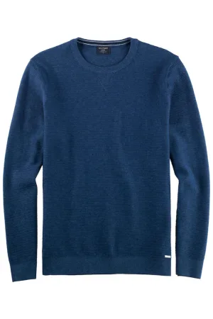 OLYMP Casual Regular Fit Trui ronde hals blauw, Gestructureerd