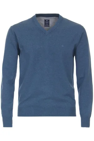 Redmond Casual Regular Fit Trui V-hals middenblauw, Effen
