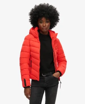 Superdry Vrouwen Gewatteerd Jack van Microvezel met Capuchon Rood