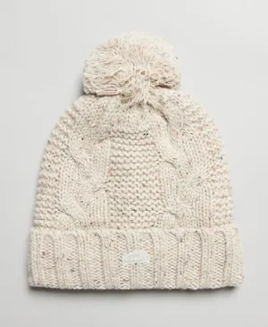 Superdry Vrouwen Kabelgebreide Beanie met Pompon Beige