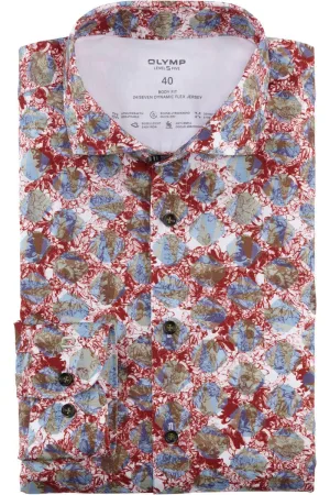 OLYMP Level Five 24/Seven Dynamic Flex Body Fit Jersey shirt blauw/rood/wit, Motief