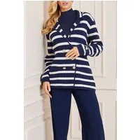 GUESS Gaia Sweater Waffle Blue And White Cardigan Strip
