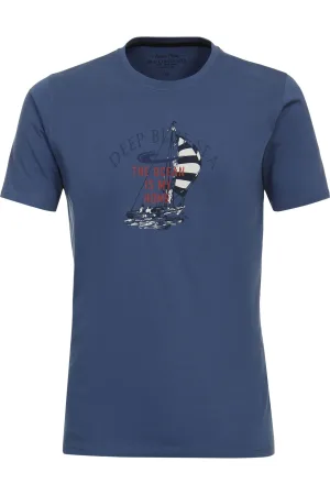 Redmond Casual T-Shirt ronde hals blauw, Bedrukt