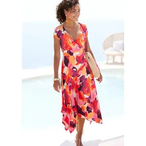 Vivance Midi-jurk met alloverprint, luchtige zomerjurk in wikkellook, strandjurk