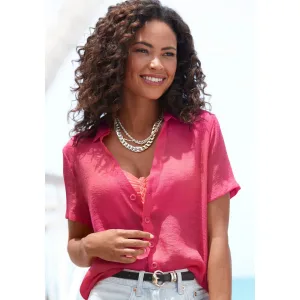 Vivance Blouse met korte mouwen met hemdkraag en knoopsluiting, hemdblouse, strandmode