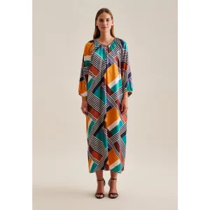 seidensticker Zomerjurk Zwarte roos 3/4 mouw ronde hals geometrisch patroon