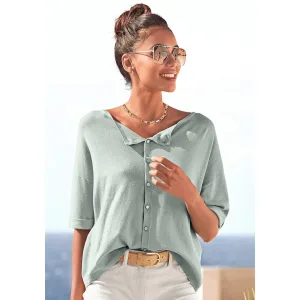 Vivance Trui met korte mouwen met knoopsluiting, kan aan beide kanten worden gedragen, 3/4 trui, fijne gebreide stof