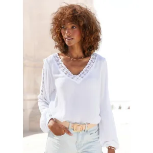 Vivance Gekreukte blouse met kantinzetten, zomerse damesblouse, lange mouwen blouse