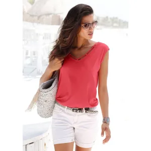 s.Oliver RED LABEL Beachwear T-shirt met sierbandjes bij de hals, shirt met korte mouwen, zomers