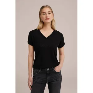 WE Fashion top met visgraat zwart