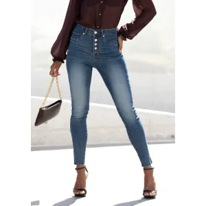 Lascana High-waist jeans met zichtbare knoopsluiting en stretchpercentage, skinny, high waist