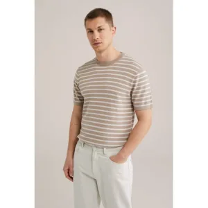 WE Fashion regular fit t-shirt met linnen fijn gebreid lichtbruin