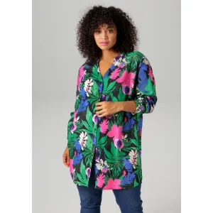 Aniston PLUS Lange blouse met tropische bloemen en bladeren bedrukt – nieuwe collectie