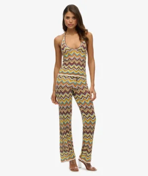 Gebreide Broek met Wijde Pijpen en Zigzagpatroon Green