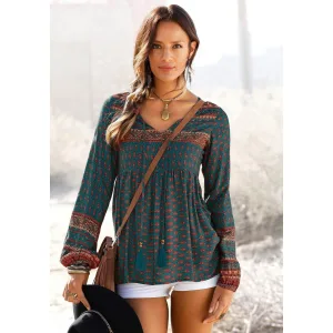 Buffalo Blouse zonder sluiting met etnische print en sierparels, boho-stijl, blouse met lange mouwen