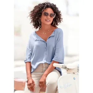 Vivance Trui met korte mouwen met knoopsluiting, kan aan beide kanten worden gedragen, 3/4 trui, fijne gebreide stof