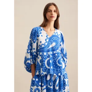 seidensticker Shirtblouse Zwarte roos 3/4-mouw v-hals paisley