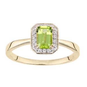 9ct geelgouden diamanten en peridot edelsteen rechthoekig geslepen ring
