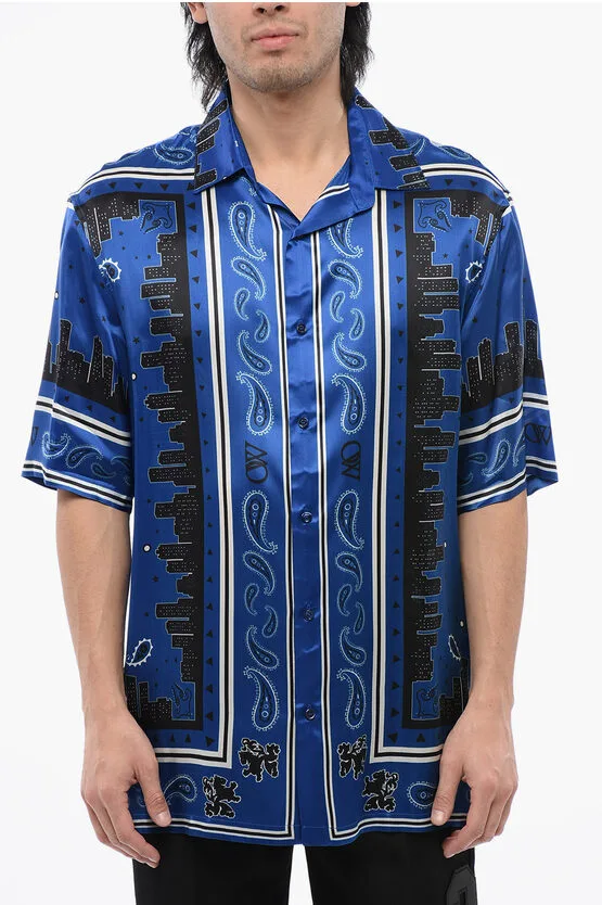 Bandana-motief bowlingshirt in blauw, zwart