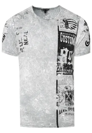 Gewassen biker T-shirt met voor- en achterkant bedrukt