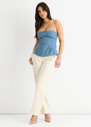 Blauw naaddetail bandeau topje met rits
