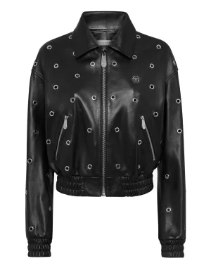 Leather Eyelet Bomber Jacket Ls