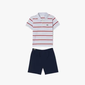Jongensset in blauw Lacoste-katoen streepjes voor baby’s