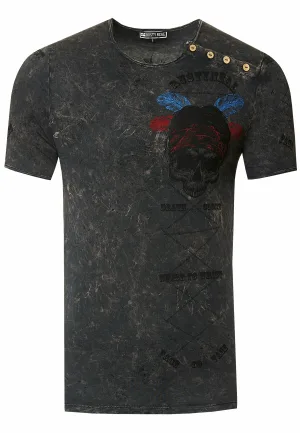 T-shirt met gewassen ronde hals, knoopsluiting en prints