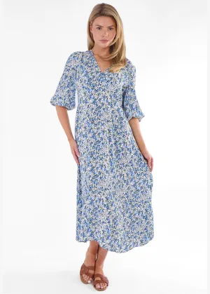 Midi-jurk met blauwe bloemenprint in viscose