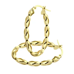 9ct geelgouden diamantgeslepen ovale hoepeloorbellen met scherpe twist
