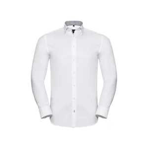 Russell Collection Heren Overhemd met lange mouwen in visgraatmotief (Wit/Zilver/Convoy Grijs)