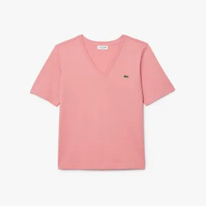 Dames Lacoste Relaxed-Fit Zacht Katoenen V-Hals T-shirt in Roze