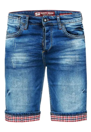 Blauwe gebruikte jeansshorts met ruitjesmotief “SATTO”