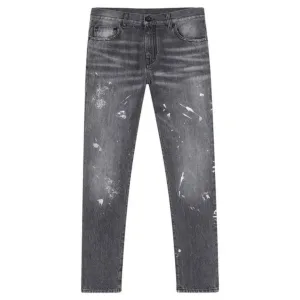 Gebroken witte Diag Outline Paint Vintage grijze jeans