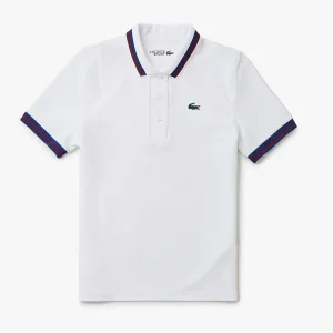 Dames Lacoste UV Protect Gestreepte Kraag Tennis Poloshirt in Wit