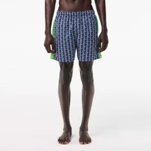 Heren Lacoste halflange zwembroek met monogramprint in blauw