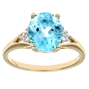9ct geelgouden ovale blauwe topaas en diamanten ring