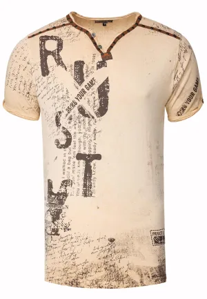 T-shirt met V-hals, suède details en een patroon van klinknagels