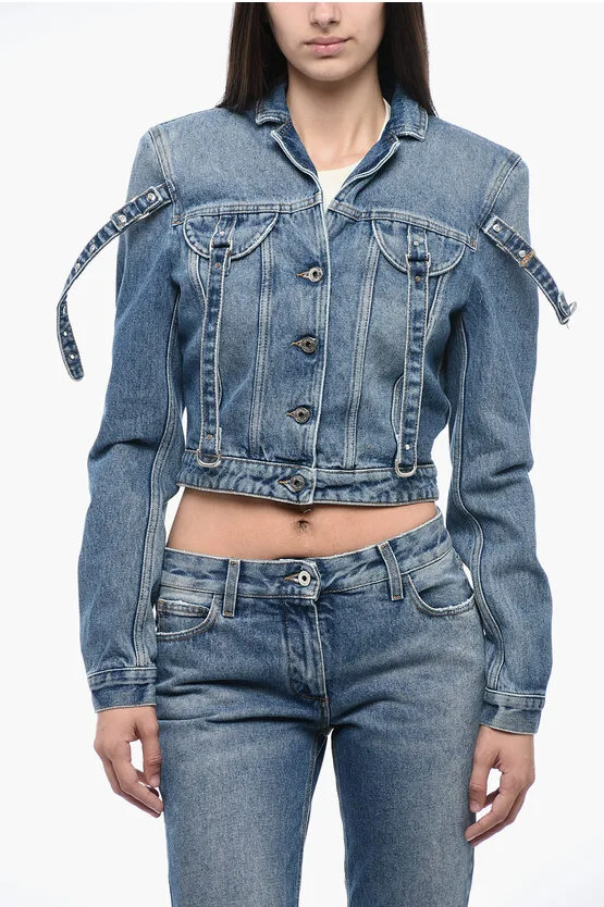 Cropped denim jack met harnasdetail in blauw