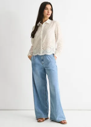 Wit Katoenen Broderie Schulp Boxy Shirt