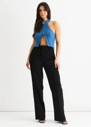 Stofblauwe Geweven Top met Hoge Hals Gesp