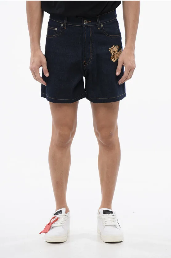 Raw Wash 90SLOGO geborduurde denim shorts in blauw