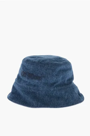 Denim bucket hat met reliëflogo in blauw