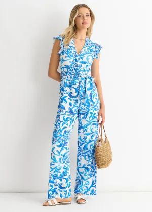 Jumpsuit met blauwe ruches en mouwen