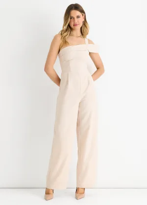 Crème Geweven Jumpsuit met één schouder en wijde pijpen