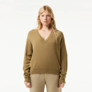 Dames Lacoste Relaxed Fit Gekaarde Wol Moss Stitch Trui in Bruin
