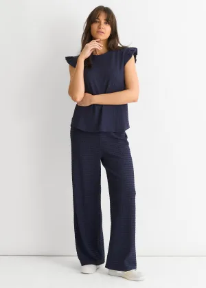 Donkerblauwe Top met Rimpel Mouwen in Textuur en Oversized Pasvorm