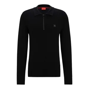 Heren Hugo Sastoon Stacked Logo Zip-Neck Knit Polo Shirt in Zwart