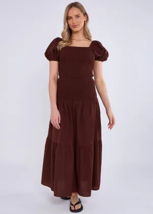 Chocolade top met pofmouwen en gerimpeld katoen