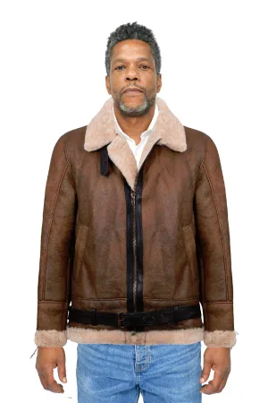 Heren vintage bruin schapenvacht vliegerjack- KANSAS